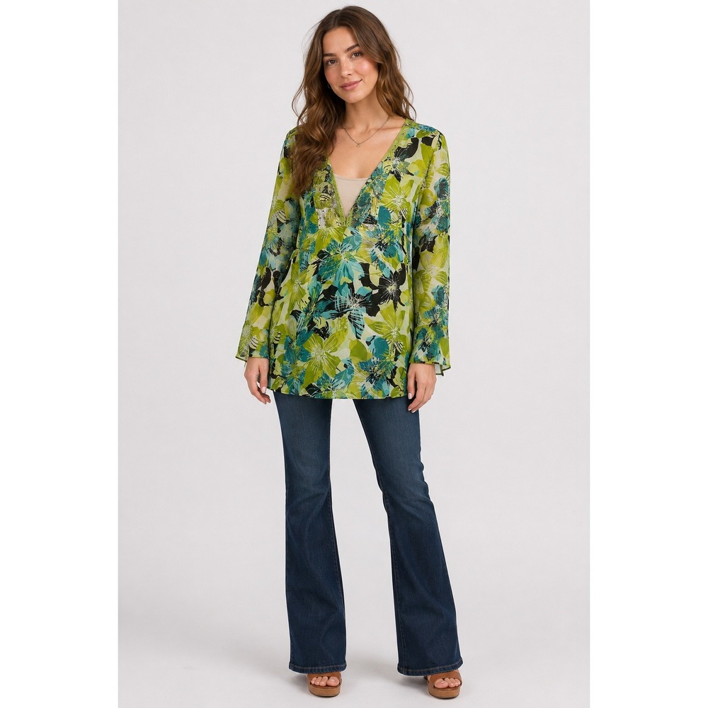 Tropical Floral Tunic Top XL Green Blue Sequin Beaded V Neck Boho Y2K Resort